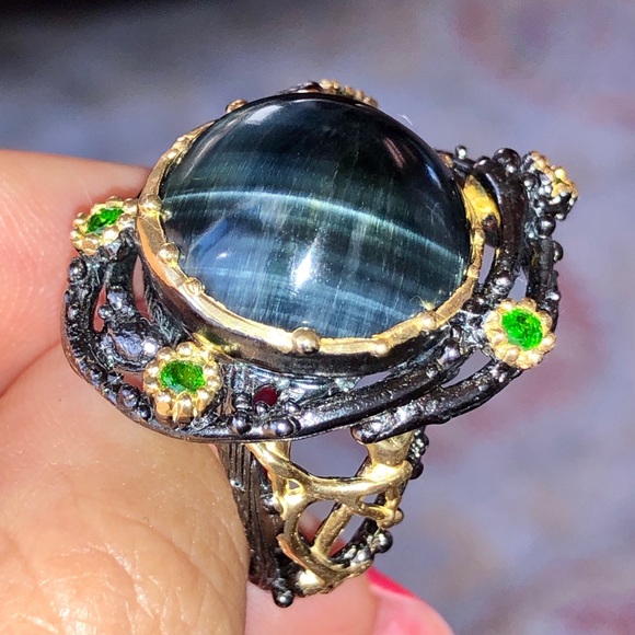 Genuine Tiger Eye Chrome Diopside Ring - Picture 2 of 8